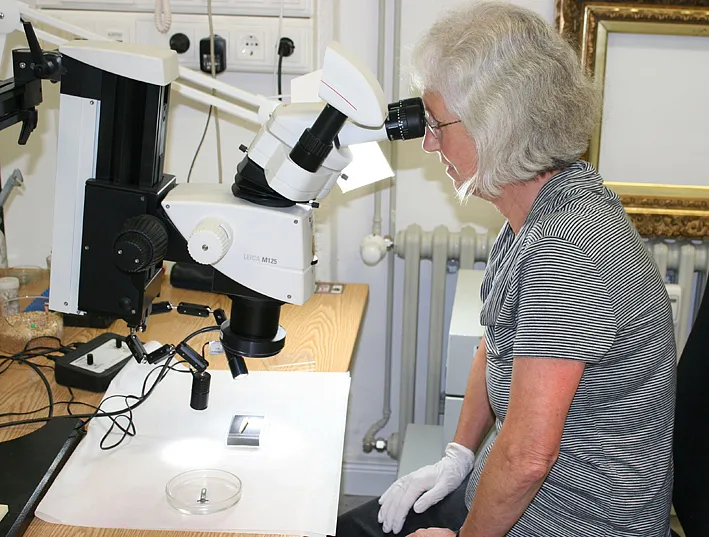 Restauratorin Gütha Klonk am Mikroskop mit Blick auf ein Metallobjekt  (Foto: Hermann Witte)