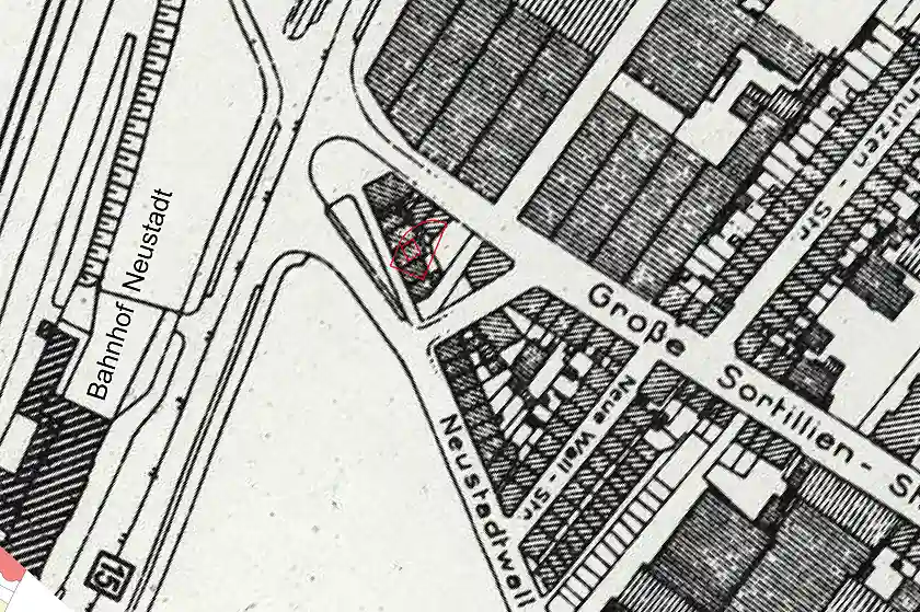 Ein Stadtplanausschnitt mit der eingetragenen Grabungsfläche