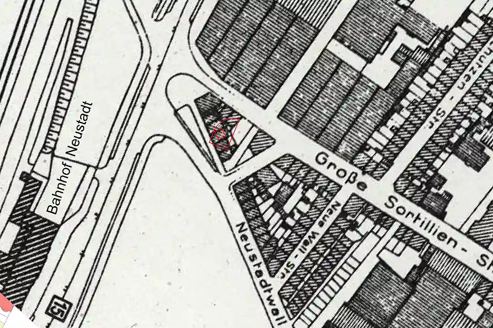 Ein Stadtplanausschnitt mit der eingetragenen Grabungsfläche